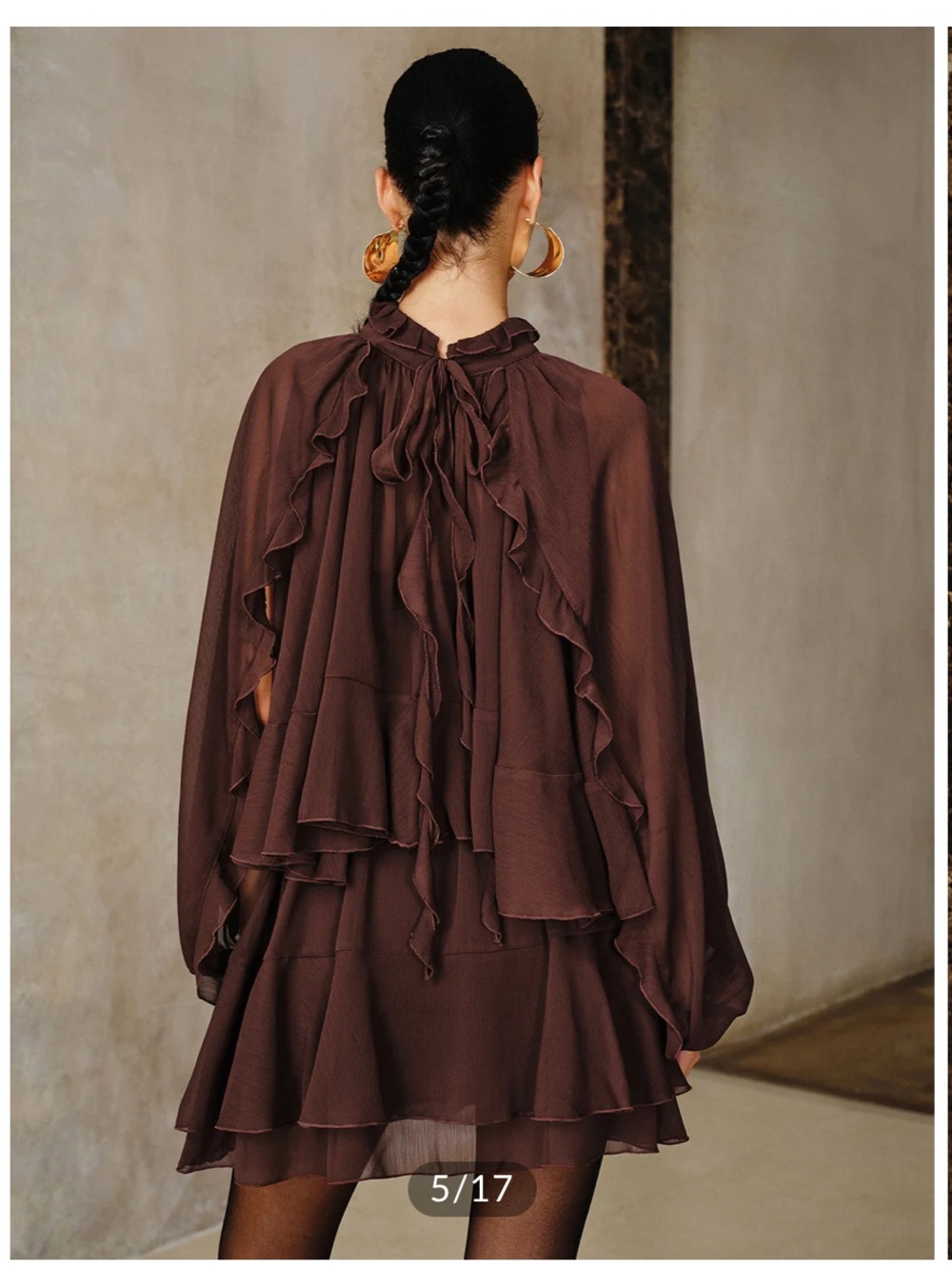 Commense Chocolate Brown Ruffled Chiffon Mini Dress - Picture 2 of 2